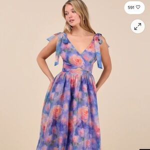 Lulu's Lavender & Pink Floral Tie-Shoulder V-Neck Midi Dress